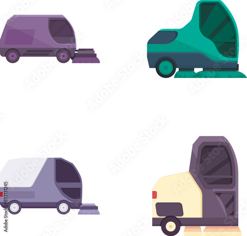 Collection of four electric delivery vans, showcasing ecofriendly transportation in a flat design