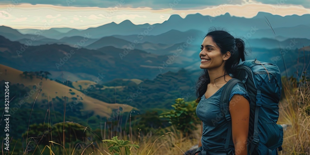Naklejka premium A 30-year-old Brazilian woman, happy face, looking at the landscape, hiking in the natural forest