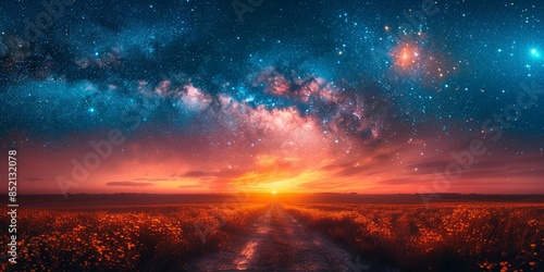 A dirt road under a vivid night sky filled with stars and the Milky Way, stretching into the distance