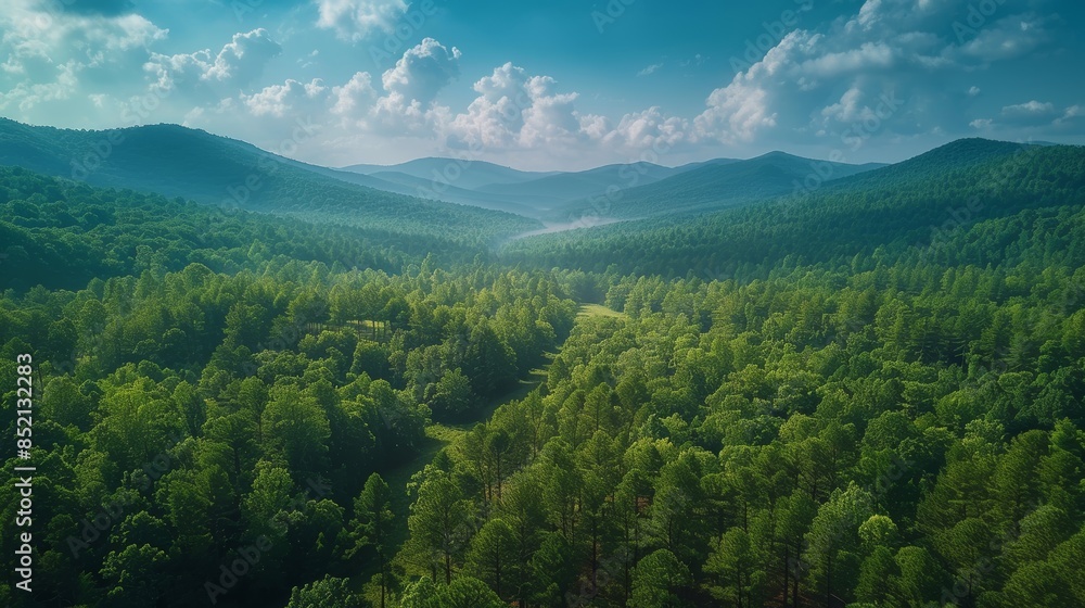 Fototapeta premium A vast green forest viewed from above, with layers of trees stretching into the distance