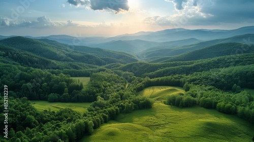 Fototapeta Naklejka Na Ścianę i Meble -  A vast green forest viewed from above, with layers of trees stretching into the distance
