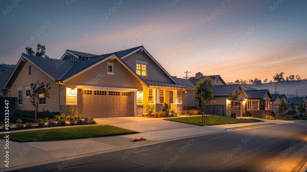 The serene start of a day in a suburban neighborhood with a sandy beige Craftsman house illuminated by dawn's soft light, streets deserted and calm. The serene start of a day in a suburban neighborhood with a sandy beige Craftsman house illuminated by dawn's soft light, streets deserted and calm.