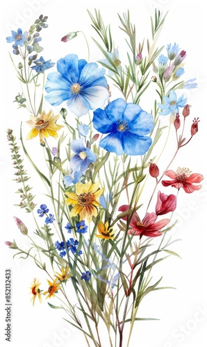 Handdrawn watercolor illustration of a beautiful floral bouquet with summer wild field flowers.