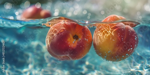 fresh peaches floating on water, beach, seaside, Sun, summer, liquid explosion,