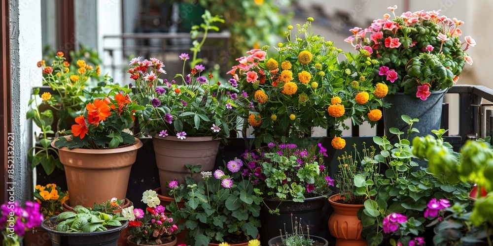 A lush balcony garden filled with colorful flowers, herbs, and small potted plants. A lush balcony garden filled with colorful flowers, herbs, and small potted plants.