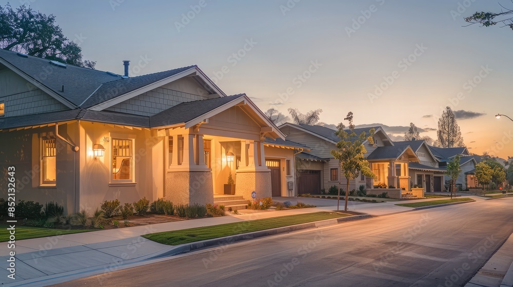 The soft glow of dawn highlighting the architectural details of a sandy beige Craftsman style house, with empty suburban streets around, silent and serene. The soft glow of dawn highlighting the architectural details of a sandy beige Craftsman style house, with empty suburban streets around, silent and serene.