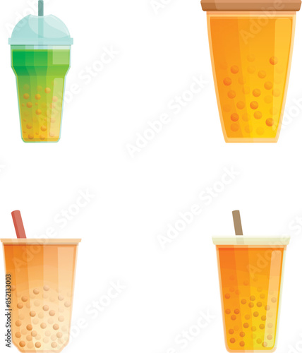 Collection of four bubble tea graphics in different colors and flavors