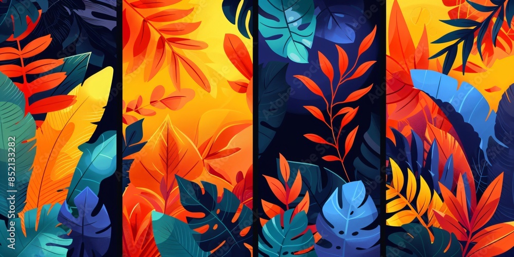 Set of posters with tropical jungle plants and exotic flowers. Modern graphic design. Botanical wall art. Trendy collection for design print, banner, cover, wallpaper Set of posters with tropical jungle plants and exotic flowers. Modern graphic design. Botanical wall art. Trendy collection for design print, banner, cover, wallpaper