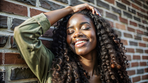 Portrait of young pleased dark skinned woman touching her brown curly long hair with raised hand while posing over brick wall, smiling slightly and keeping eyes closed © Matan
