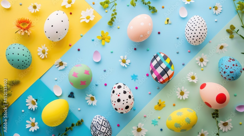 View from above of Easter eggs and decorations on a colorful background View from above of Easter eggs and decorations on a colorful background