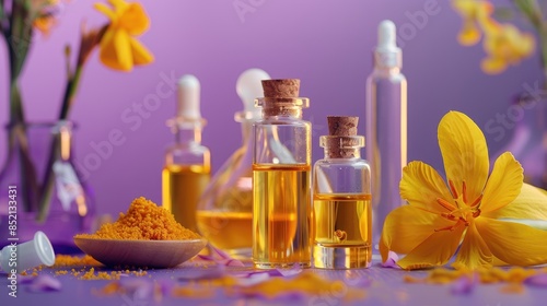 Saffron based cosmetic advertisement with yellow essence in lab glassware on purple background promoting natural beauty concept photo
