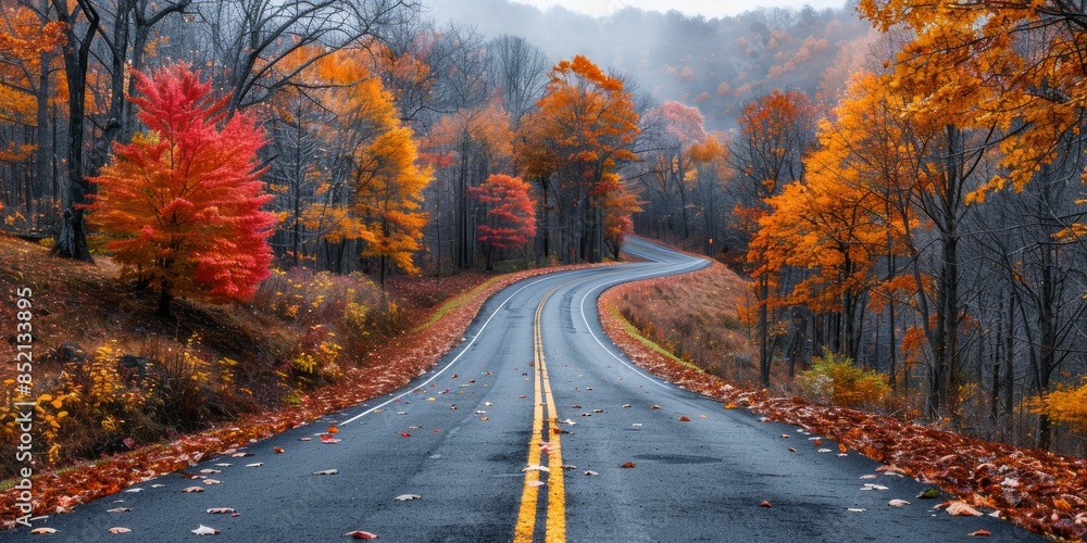 Obraz premium A winding road through an autumn forest, lined with vibrant fall foliage and a misty atmosphere.