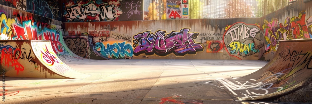vibrant skate park with graffiti covered cement and obstacles - empty with no people vibrant skate park with graffiti covered cement and obstacles - empty with no people