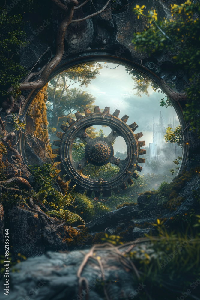 A cogwheel in the middle of a natural landscape A cogwheel in the middle of a natural landscape