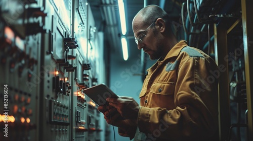 Industrial Worker Examining Controls with Tablet