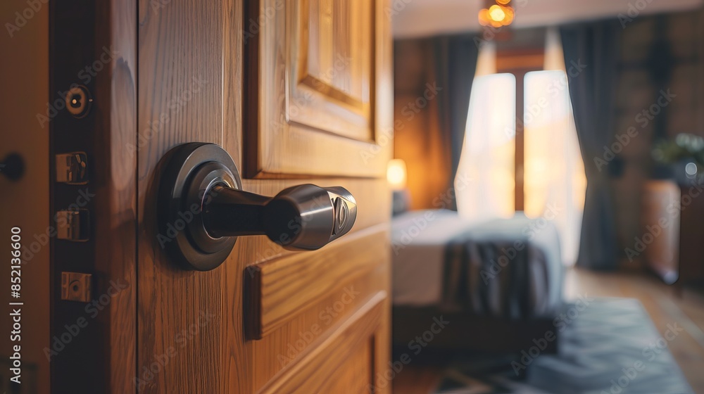 Obraz premium A digital door handle or electronic knob designed for room security access, shown on a partially opened wooden door against an interior bedroom backdrop, with selective focus. 