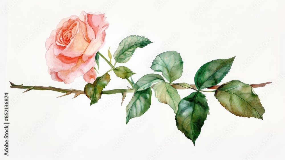 Watercolor drawing of a rose leaf and branch with leaves a traditional ...