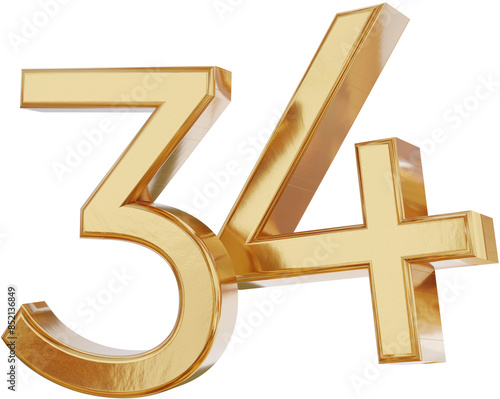 34 golden symbol isolated, gold metallic glossy luxury