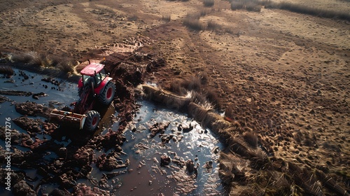 Peat Harvester Tractor on Collecting Extracting Peat Mining and harvesting peatland Area drained of the mire are used for peat extraction Drainage and destruction of peat bogs : Generative AI