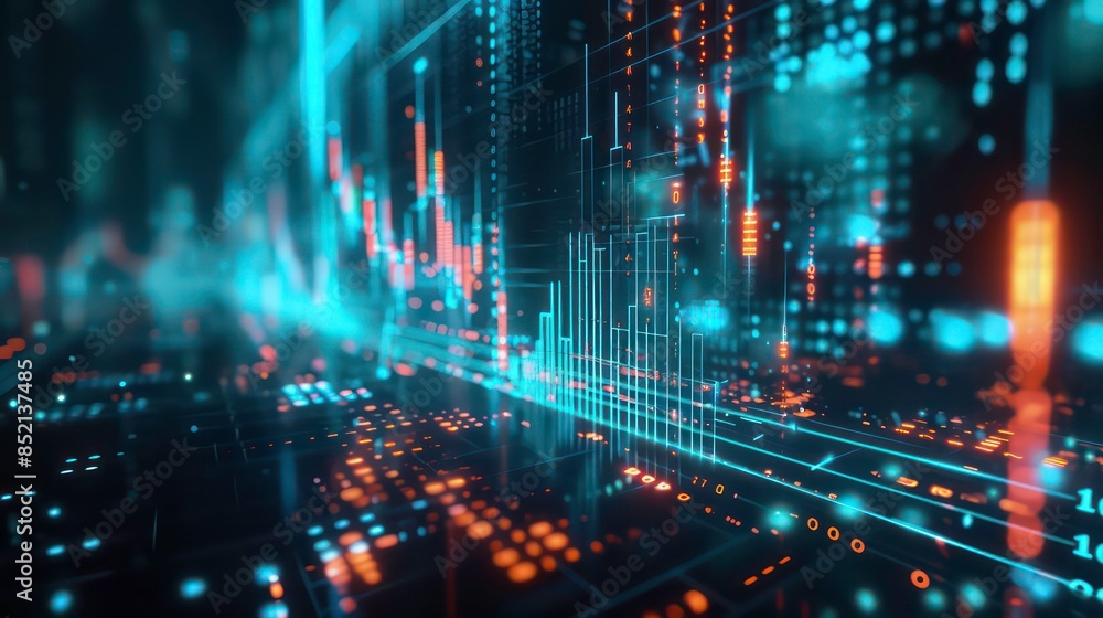 Dynamic display of digital trading chart with glowing blue candlesticks on a dark background symbolizing market analysis. Generative AI Dynamic display of digital trading chart with glowing blue candlesticks on a dark background symbolizing market analysis. Generative AI