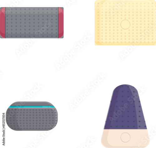 Collection of four flat design icons representing trendy wireless speakers in various shapes