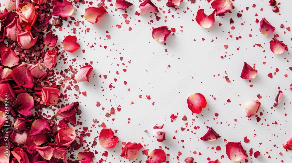 A delicate arrangement of rose petals forms a frame scattered with confetti against a pristine white backdrop creating the perfect Valentine s Day setting This flat lay image offers a top v A delicate arrangement of rose petals forms a frame scattered with confetti against a pristine white backdrop creating the perfect Valentine s Day setting This flat lay image offers a top v