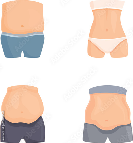 Set of four diverse human torso illustrations, inclusive of different body shapes and underwear