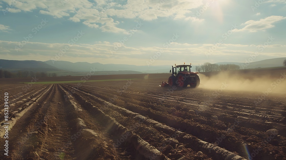 Fototapeta premium Agriculture machinery in action a tractor plows a field on a bright day : Generative AI