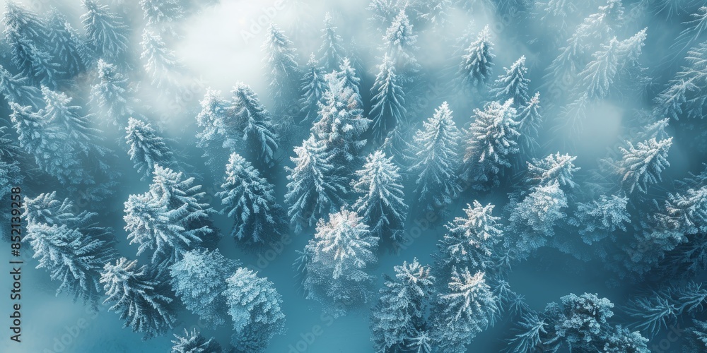 A misty pine forest from above, covered in a light layer of frost, creating a winter wonderland effect A misty pine forest from above, covered in a light layer of frost, creating a winter wonderland effect