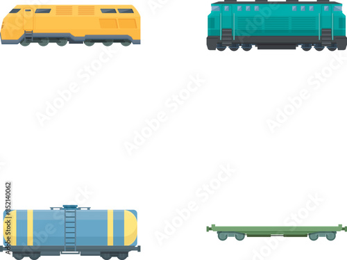 Four colorful cartoon trains, including passenger and freight models, depicted on a clean white backdrop