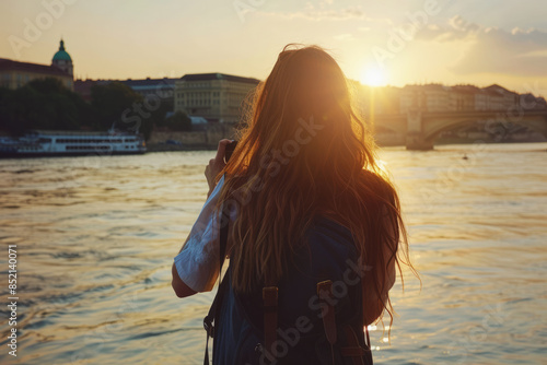 A tourist with long hair walks along the river with the sunset in the background, view from the back
 photo