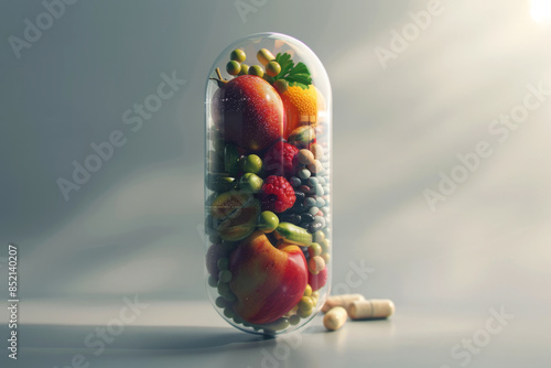 Medicine health concept. Dietary supplement and vitamin. Capsule model with various fruits inside close up on gray background. copy space text
