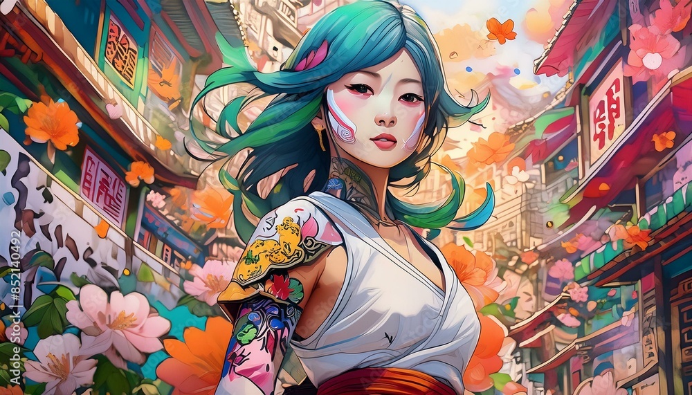 A pop art painting shows a Japanese samurai fighter with cartoon tattoos on his body and face, surrounded by street art tags in orange, dark green and pink. A pop art painting shows a Japanese samurai fighter with cartoon tattoos on his body and face, surrounded by street art tags in orange, dark green and pink.