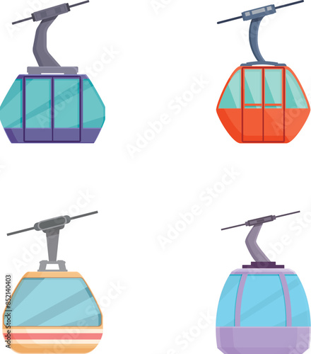 Illustration of four different colored cable car cabins on a white background
