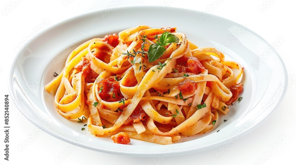 Plate of Italian pasta with Amatriciana sauce on a white background Plate of Italian pasta with Amatriciana sauce on a white background