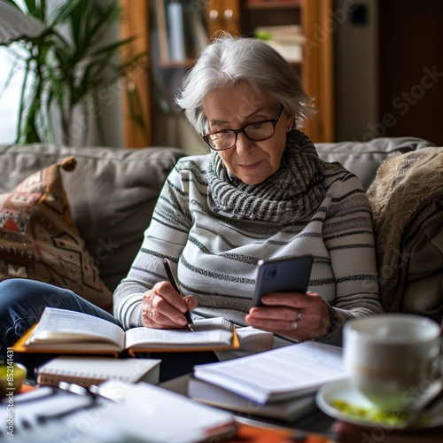 Senior woman managing retirement and financial planning on phone and writing notes on living room sofa