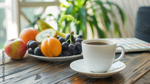 Fototapeta Naklejka Na Ścianę i Meble -  White cup of black coffee plate of fruits and calendar on wooden table