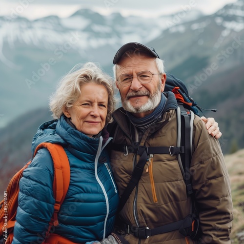 Senior Couple Enjoying Spring Mountain Hike on Retirement Vacation