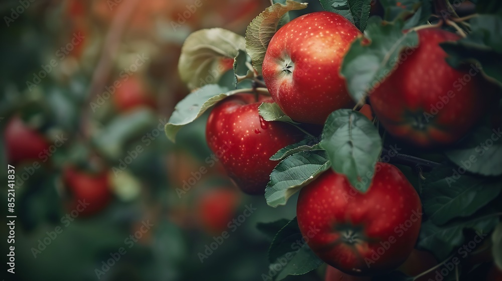 Obraz premium Ripe Apples in Orchard ready for harvesting apple farming harvest seasonal ripe red apple leaf red agriculture autumn : Generative AI