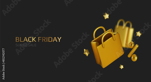 3d shopping bag banner template. Vector render mockup with gift bags and stars. Sale concept