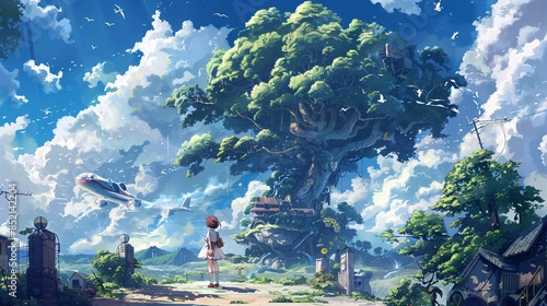 A Girl Gazes at a Giant Tree with a House in a Whimsical Landscape photo