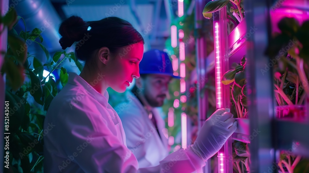 Agricultural Engineer and a Female Scientist Discussing Basil Leaves Quality on Vertical Farm With Neon Led Lights Gardening Expert Providing Technical Advice for Growing Sustainable G : Generative AI Agricultural Engineer and a Female Scientist Discussing Basil Leaves Quality on Vertical Farm With Neon Led Lights Gardening Expert Providing Technical Advice for Growing Sustainable G : Generative AI