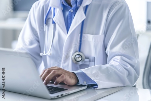 Doctor in dress shirt uses laptop with collar and sleeves as output