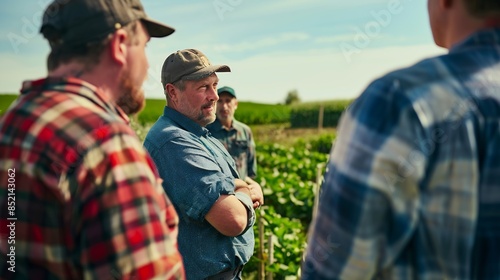 Farming group of farmers learning about crop health and farmers mental health Farmer listening to a agronomist scientist at a field day Young people working in agriculture at a informa : Generative AI