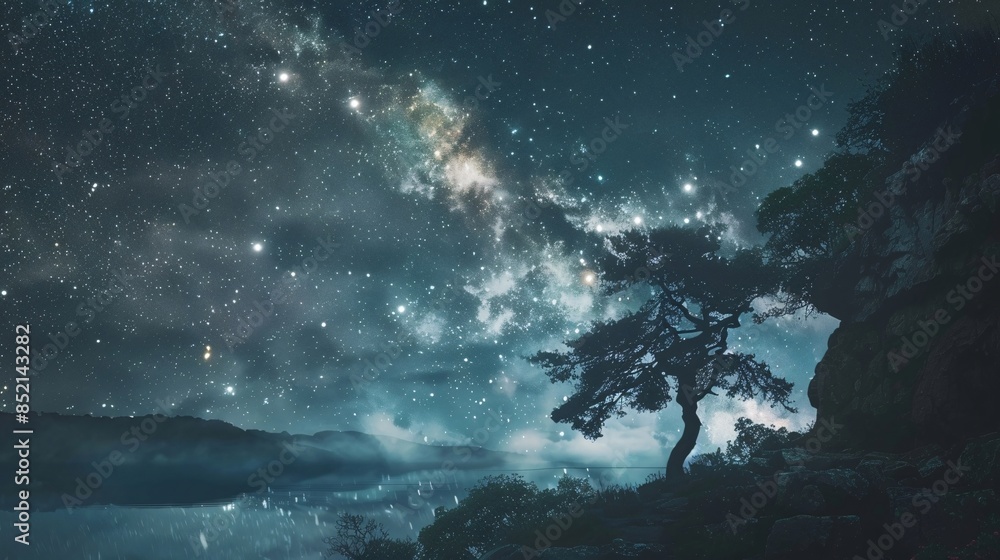 Obraz premium Night Sky Over a Tranquil Lake