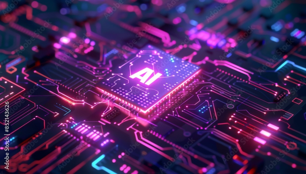 A computer chip with a glowing purple and pink background. AI. A computer chip with a glowing purple and pink background. AI.