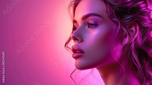 portrait of a beautiful lady with dynamic hairstyle in magenta color tones