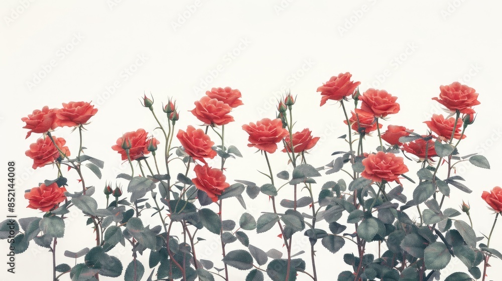 Naklejka premium A stunning bush of fresh red roses stands out against a pristine white background creating a natural and vibrant display of beauty