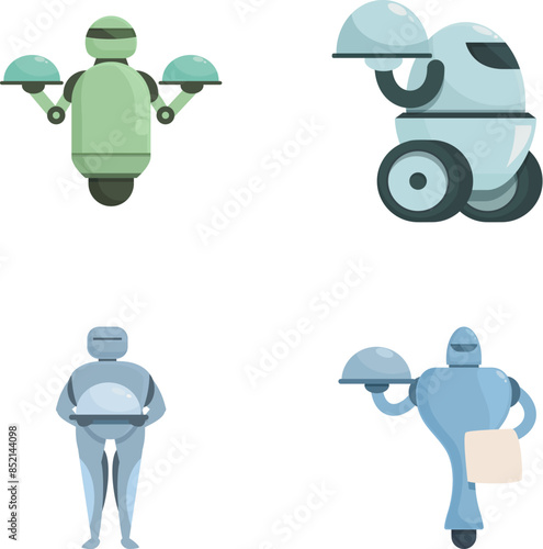 Illustration set displaying various types of futuristic delivery robots and drones isolated on white