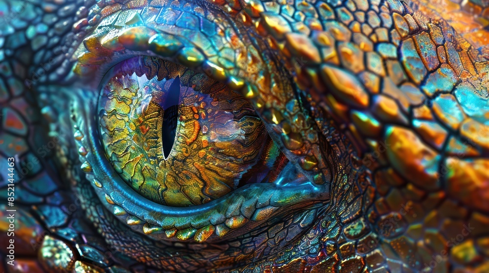 Obraz premium Bright Dragon Eyes, Close-Up Shot with Detailed Colors and Textures.
